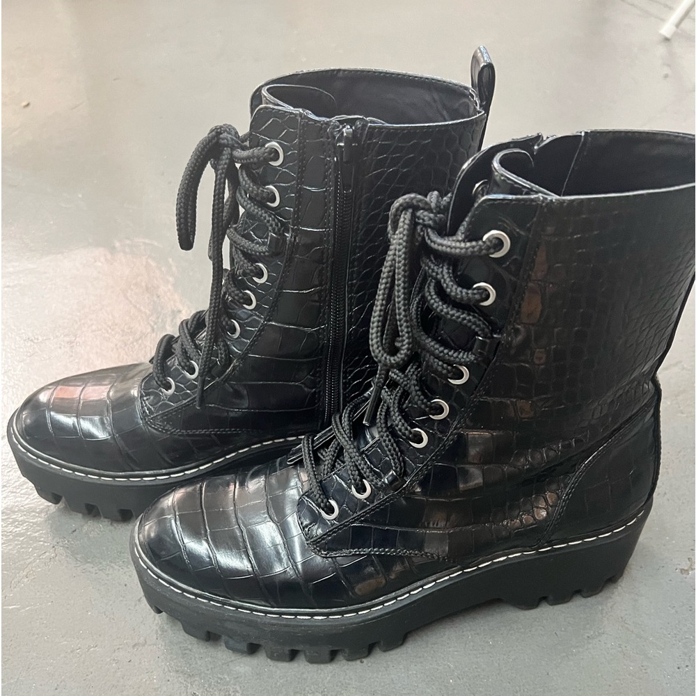 Zara Black Croc-Embossed Combat Boots